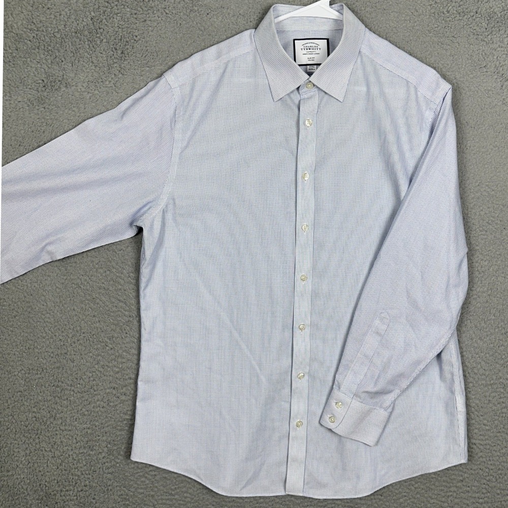 Charles Tyrwhitt Shirt Mens 17-34 Slim Fit Light Blue Pincheck Dress Long Sleeve